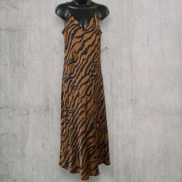 AllSaints Hera Zephyr Brown Tiger Print Long Slip Dress Size M Animal Print Chic - Picture 2 of 9